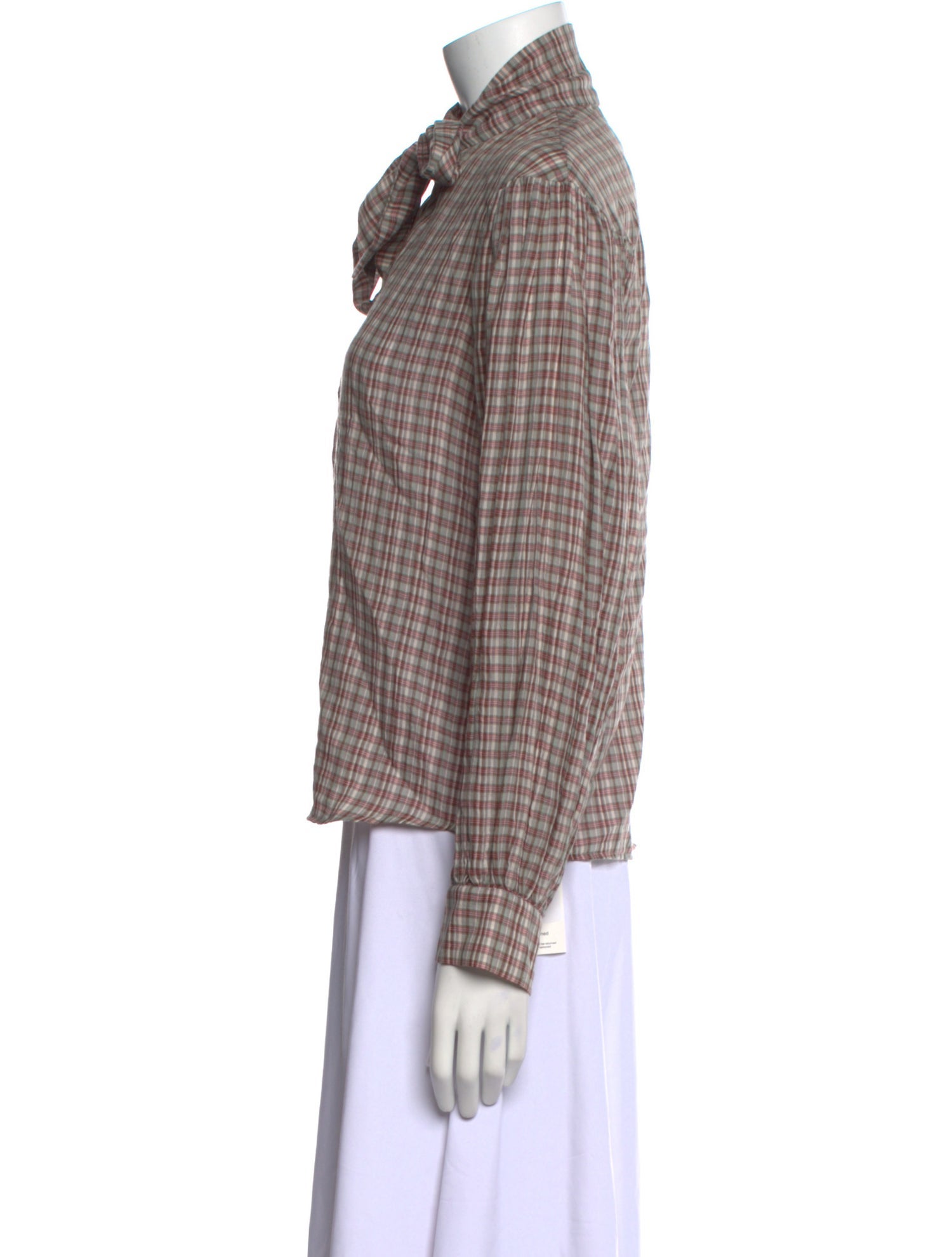 Masscob Plaid Print Tie Neck Button-Up Top